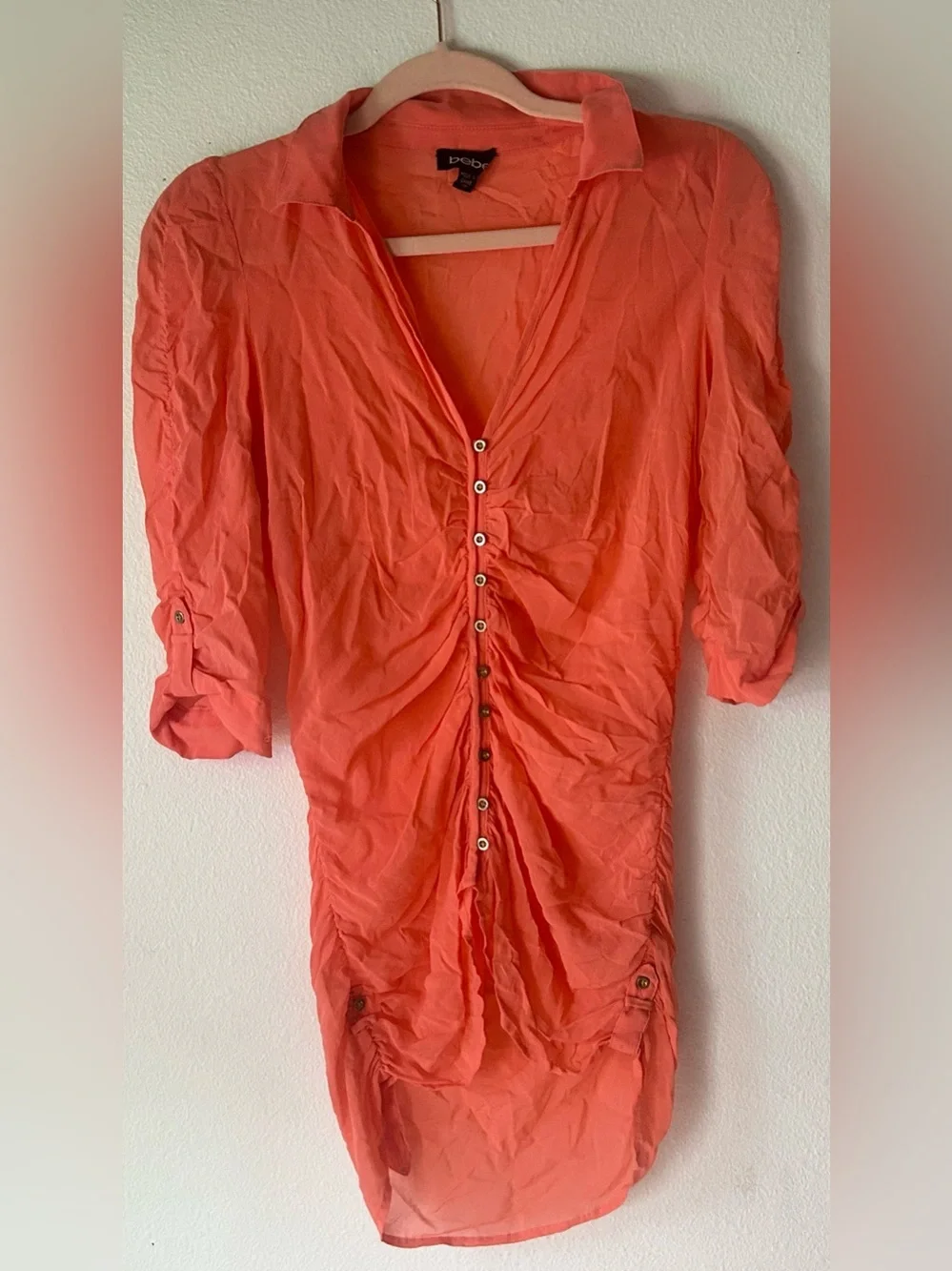 Bebe Silk-Blend Ruched Button-Front Tunic Top Coral